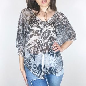 Y2K Grey Cheetah Print Butterfly Sleeve Sheer Blouse